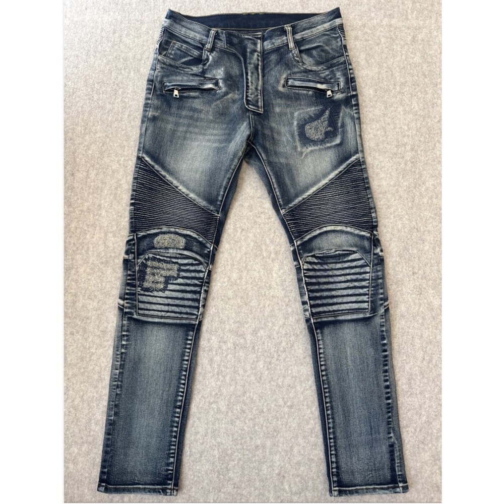 Balmain Paris Biker Slim Ribbed Knee Jeans Mens 32x31 Distressed Made In Italy